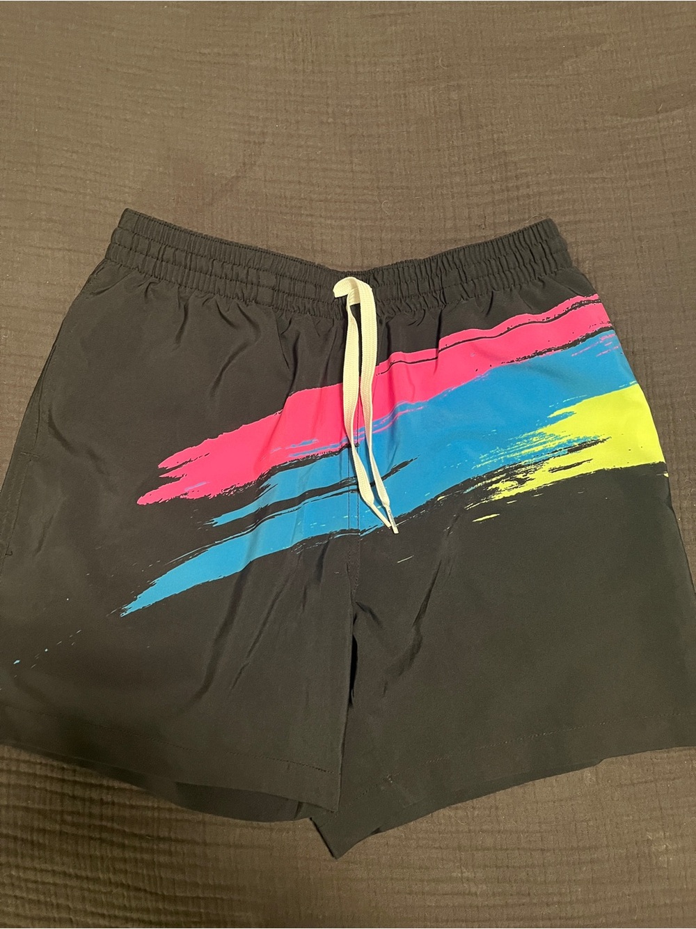 Men's Chubbies Black Swim Trunks with Neon Brush-Stroke Print